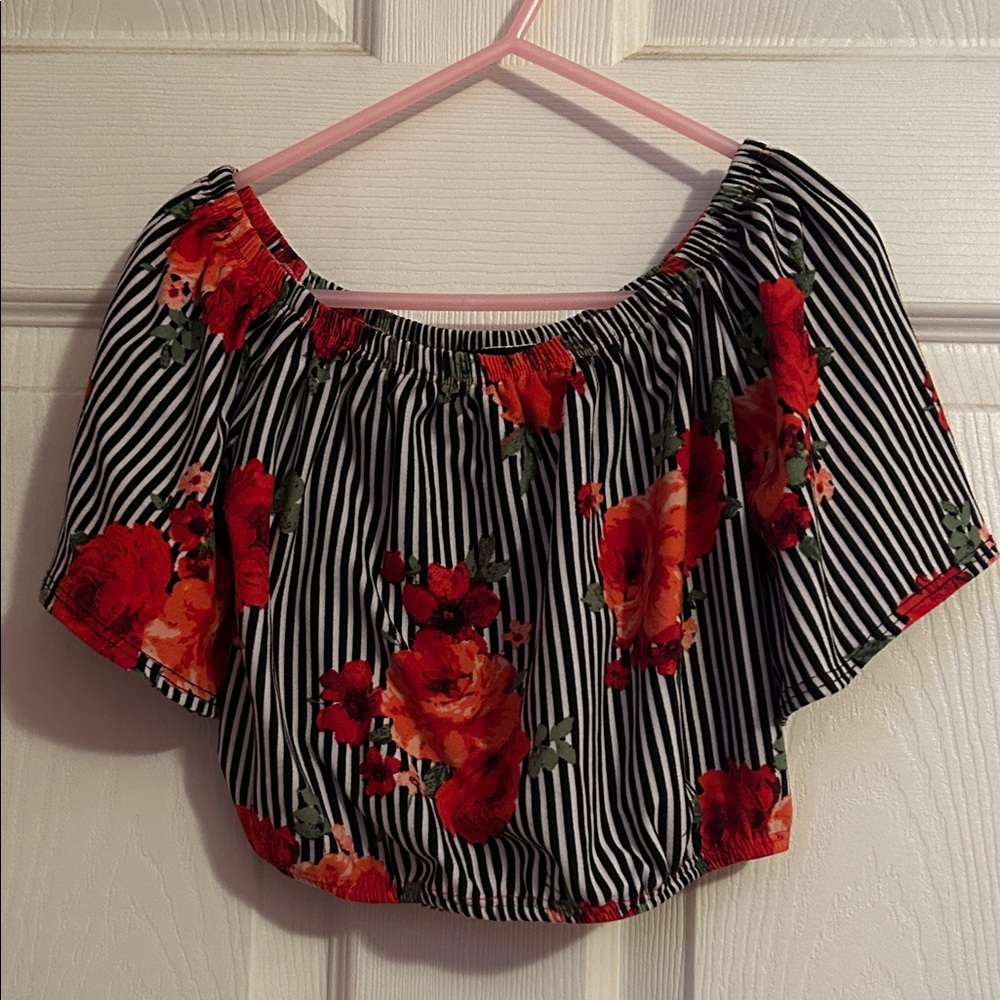 Chic Off-Shoulder Floral Striped Blouse